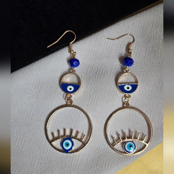 Elegant Gold Tone Blue Evil Eye Earrings - Picture 7 of 15